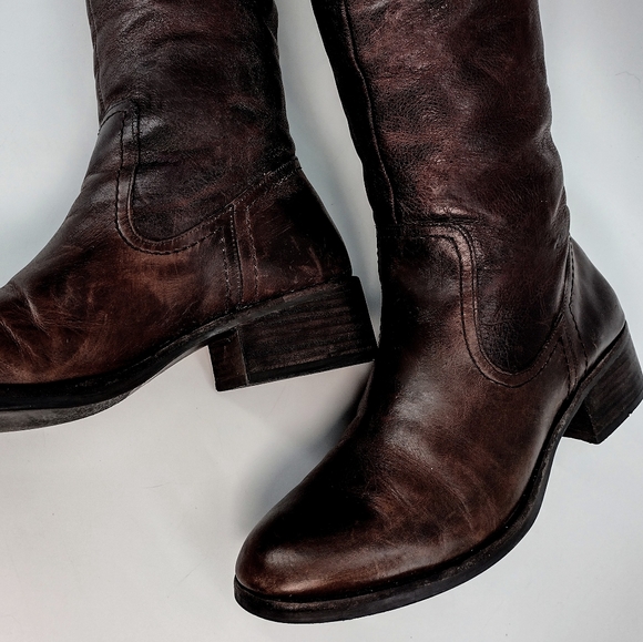 RUSTIC "Clancy" DISTRESSED REDDISH BROWN OVER KNEE BOOTS STRAPPED w BUCK… - Picture 7 of 13